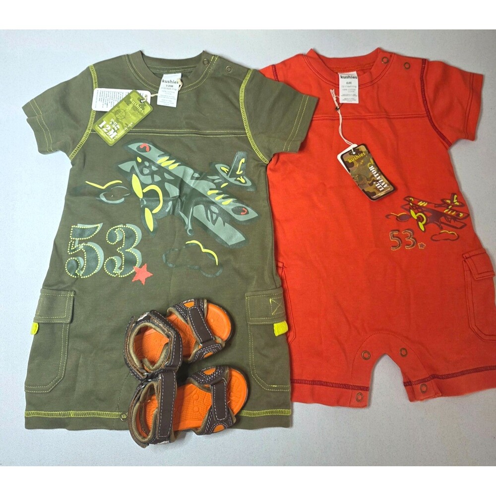 KUSHIES Baby Boy Romper Lot NWT 6M 12M Aviator Airplane Green Orange Sandals